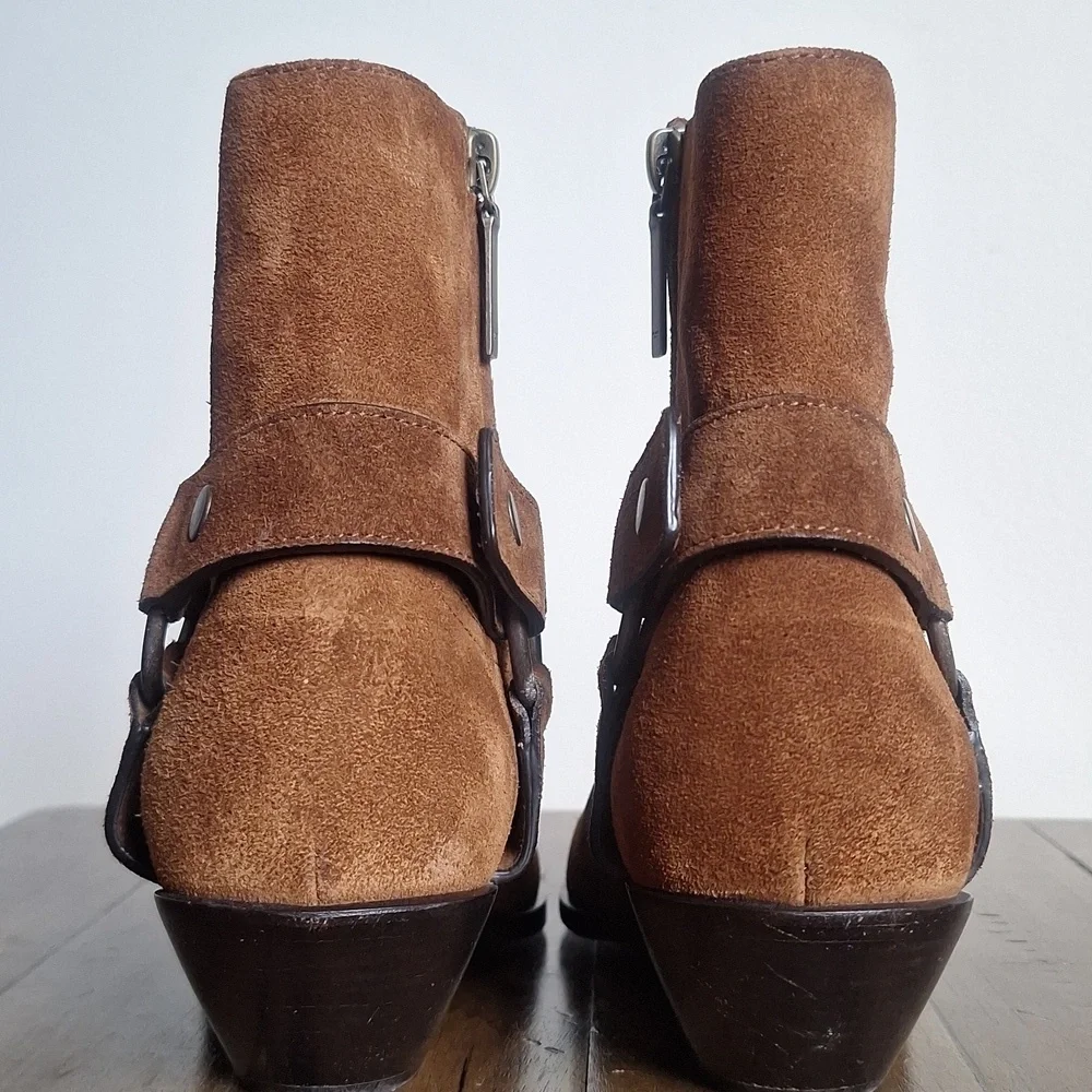 SAINT LAURENT YSL Suede Wyatt Harness Ankle Boots Cognac Size 36 Box Dust Bags